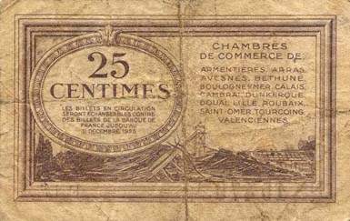 Billet des Chambres de Commerce du Nord et du Pas-de-Calais - 25 centimes - Echangeables jusqu'au 31 d�cembre 1925 - s�rie en lettre et chiffre - F 1