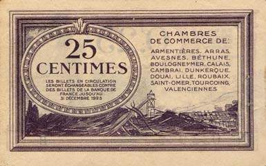 Billet des Chambres de Commerce du Nord et du Pas-de-Calais - 25 centimes - Echangeables jusqu'au 31 d�cembre 1925 - s�rie en lettre seulement - s�rie B