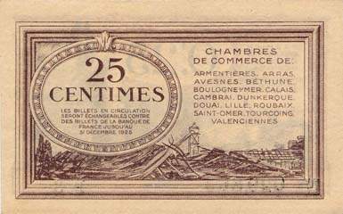 Billet des Chambres de Commerce du Nord et du Pas-de-Calais - 25 centimes - Echangeables jusqu'au 31 d�cembre 1925 - s�rie en lettre et chiffre - P 3