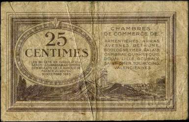Billet des Chambres de Commerce du Nord et du Pas-de-Calais - 25 centimes - Echangeables jusqu'au 31 d�cembre 1925 - s�rie en lettre seulement - s�rie X