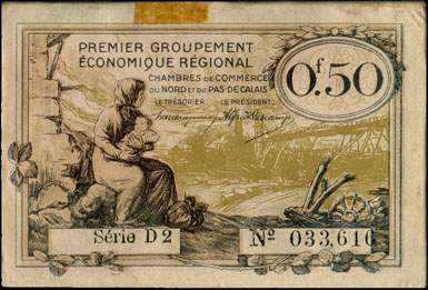 Billet des Chambres de Commerce du Nord et du Pas-de-Calais - 50 centimes - Echangeables jusqu'au 31 d�cembre 1925 - s�rie avec lettre et chiffre - D 2