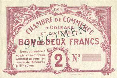 Billet de la Chambre de Commerce d'Orl�ans et du Loiret - 2 francs - 1914 - sp�cimen (type non �mis) - face