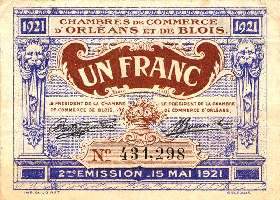 Billet des Chambres de Commerce d'Orléans et de Blois - 1 franc - 15 mai 1921 - 2ème émission