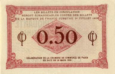 Billet de la Chambre de Commerce de Paris - 50 centimes - d�lib�ration du 10 mars 1920 - type 1 avec t�te de femme casqu�e - s�rie C.73 - n� 049,825