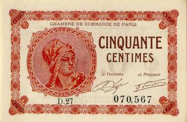 Billet de la Chambre de Commerce de Paris - 50 centimes - d�lib�ration du 10 mars 1920 - type 1 avec t�te de femme casqu�e - s�rie D.27 - n� 070,567