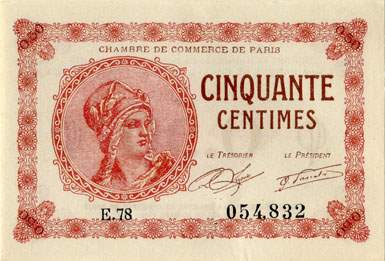 Billet de la Chambre de Commerce de Paris - 50 centimes - d�lib�ration du 10 mars 1920 - type 1 avec t�te de femme casqu�e - s�rie E.78 - n� 054,832