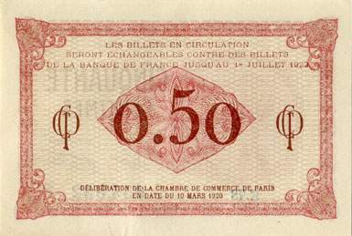 Billet de la Chambre de Commerce de Paris - 50 centimes - d�lib�ration du 10 mars 1920 - type 1 avec t�te de femme casqu�e - s�rie E.78 - n� 054,832