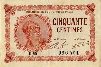 Billet de la Chambre de Commerce de Paris - 50 centimes - d�lib�ration du 10 mars 1920 - type 1 avec t�te de femme casqu�e - s�rie F.80 - n� 096,561
