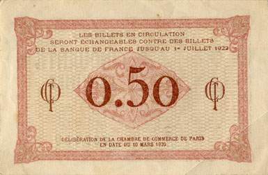 Billet de la Chambre de Commerce de Paris - 50 centimes - d�lib�ration du 10 mars 1920 - type 1 avec t�te de femme casqu�e - s�rie G.67 - n� 069,157