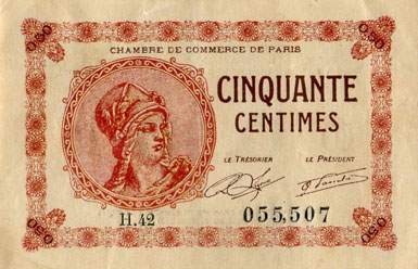 Billet de la Chambre de Commerce de Paris - 50 centimes - d�lib�ration du 10 mars 1920 - type 1 avec t�te de femme casqu�e - s�rie H.42 - n� 055,507