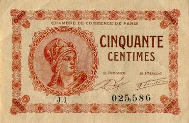 Billet de la Chambre de Commerce de Paris - 50 centimes - d�lib�ration du 10 mars 1920 - type 1 avec t�te de femme casqu�e - s�rie J.1 - n� 025,586