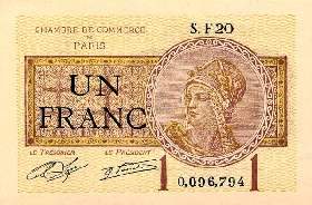 Billet de la Chambre de Commerce de Paris - 1 franc - délibération du 10 mars 1920 - type 1 avec tête de femme casquée