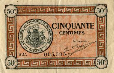 Billet de la Chambre de Commerce de Péronne - 50 centimes - délibération du 27 juillet 1920 - série C - n° 005,395