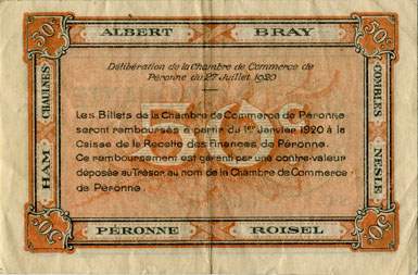 Billet de la Chambre de Commerce de Pronne - 50 centimes - dlibration du 27 juillet 1920 - srie C - n 005,395