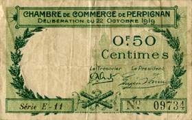 Billet de la Chambre de Commerce de Perpignan - 50 centimes - dlibration du 22 octobre 1919 - srie E-11