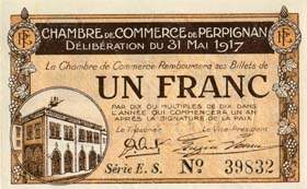 Billet de la Chambre de Commerce de Perpignan - 1 franc - délibération du 31 mai 1917 - série E.S.