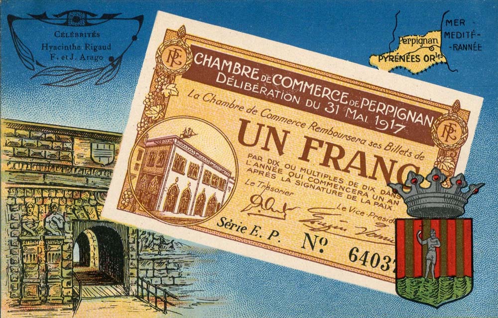 Carte postale représentant un billet de 1 franc - délibération du 31 mai 1917 - série E.P. - n° 64037. - de la Chambre de Commerce de Perpignan