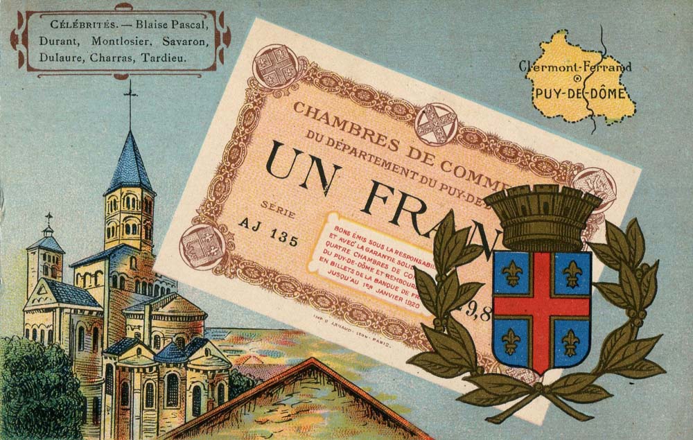 Carte postale reprsentant un billet de 1 franc - srie AJ 135 - des Chambres de Commerce du dpartement du Puy-de-Dme