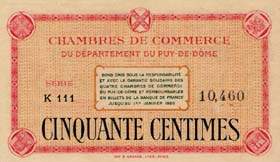 Billet des Chambres de Commerce du dpartement du Puy-de-Dme - 50 centimes - remboursable jusqu'au 1er janvier 1920 - srie 1 lettre - petits caractres