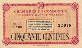 Billet des Chambres de Commerce du dpartement du Puy-de-Dme - 50 centimes - remboursable avant le 1er janvier 1925 - srie T 120