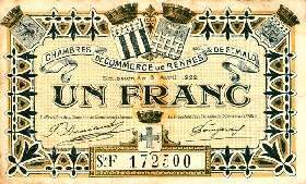 Billet des Chambres de Commerce de Rennes & de Saint-Malo - 1 franc - émission du avril 1922