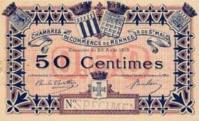 Billet des Chambres de Commerce de Rennes & de Saint-Malo - 50 centimes - émission du 25 août 1915 - spécimen