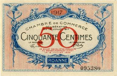 Billet de la Chambre de Commerce de Roanne - 50 centimes - dlibration du 18 juillet 1917 - imprimerie Bourg et Cie - n 095380
