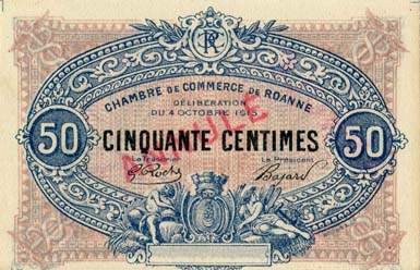 Billet de la Chambre de Commerce de Roanne - 50 centimes - délibération du 4 octobre 1915 - 50 large de 23mm - spécimen annulé