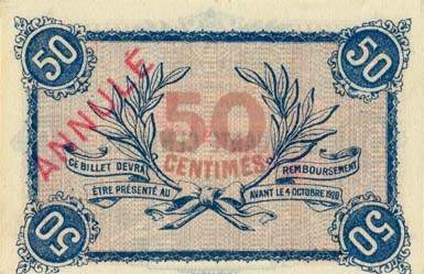 Billet de la Chambre de Commerce de Roanne - 50 centimes - délibération du 4 octobre 1915 - 50 large de 23mm - spécimen annulé