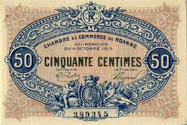 Billet de la Chambre de Commerce de Roanne - 50 centimes - dlibration du 4 octobre 1915 - 50 large de 17 mm - n 389345