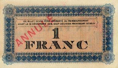 Billet de la Chambre de Commerce de Roanne - 1 franc - dlibration du 28 juin 1915 - spcimen annul