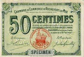 Billet de la Chambre de Commerce de Rochefort-sur-Mer - 50 centimes - délibération du 28 octobre 1915 - 1ère série - spécimen