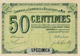 Billet de la Chambre de Commerce de Rochefort-sur-Mer - 50 centimes - délibération du 28 octobre 1915 - 3ème série - spécimen