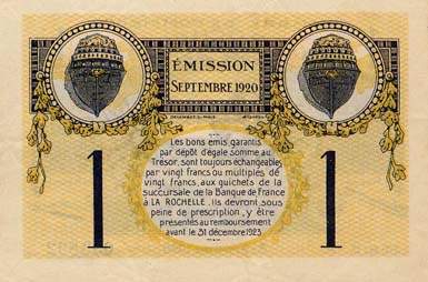 Billet de la Chambre de Commerce de La Rochelle - 1 franc - émission septembre 1920 - série A