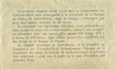 Billet de la Ville de Saint-Brieuc - Chambre de Commerce des Côtes-du-Nord - 1 franc - Imprimerie Oberthür - série A - 5 chiffres de 4 mm