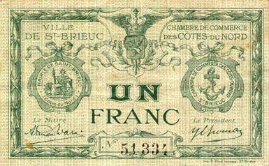 Billet de la Ville de Saint-Brieuc - Chambre de Commerce des Côtes-du-Nord - 1 franc - Imprimerie R.Prud'homme - série E