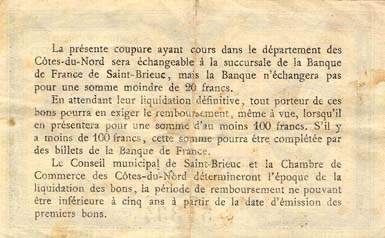 Billet de la Ville de Saint-Brieuc - Chambre de Commerce des Côtes-du-Nord - 1 franc - Imprimerie R.Prud'homme - série E