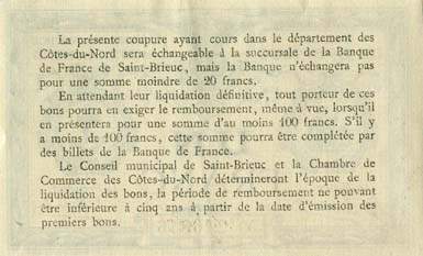 Billet de la Ville de Saint-Brieuc - Chambre de Commerce des Côtes-du-Nord - 1 franc - Imprimerie Oberthür - 6 chiffres de 4 mm