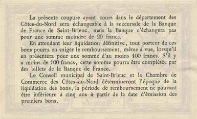 Billet de la Ville de Saint-Brieuc - Chambre de Commerce des Côtes-du-Nord - 1 franc - Imprimerie Oberthür - spécimen annulé