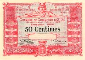 Billet de la Chambre de Commerce de Saint-Dié - 50 centimes - délibération du 1er avril 1920 - Emission 1920 - spécimen