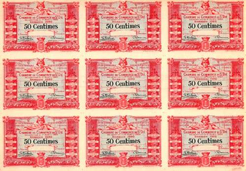 Billet de la Chambre de Commerce de Saint-Di - 50 centimes - dlibration du 1er avril 1920 - Emission 1920 - planche de 9 non dcoupe - spcimen