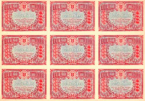 Billet de la Chambre de Commerce de Saint-Dié - 50 centimes - délibération du 1er avril 1920 - Emission 1920 - planche de 9 non découpée - spécimen
