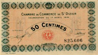 Billet de la Chambre de Commerce de Saint-Dizier - 50 centimes - dlibration du du 17 avril 1916 - n 825,606
