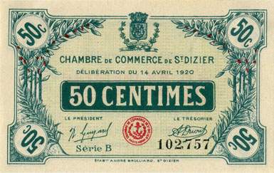 Billet de la Chambre de Commerce de Saint-Dizier - 50 centimes - dlibration du 14 avril 1920 - srie B - n 102,757