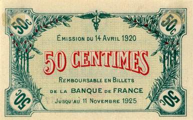 Billet de la Chambre de Commerce de Saint-Dizier - 50 centimes - dlibration du 14 avril 1920 - srie B - n 102,757