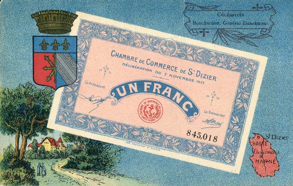 Carte postale représentant un billet de 1 franc - délibération du 7 novembre 1917 - n° 845,018 - de la Chambre de Commerce de Saint-Dizier