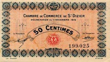 Billet de la Chambre de Commerce de Saint-Dizier - 50 centimes - délibération du 11 novembre 1915