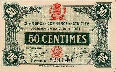 Billet de la Chambre de Commerce de Saint-Dizier - 50 centimes - délibération du 7 juin 1921