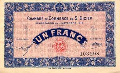 Billet de la Chambre de Commerce de Saint-Dizier - 1 franc - dlibration du 11 novembre 1915