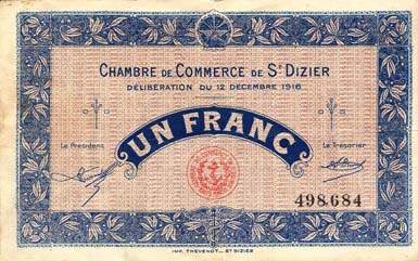 Billet de la Chambre de Commerce de Saint-Dizier - 1 franc - délibération du 12 décembre 1916